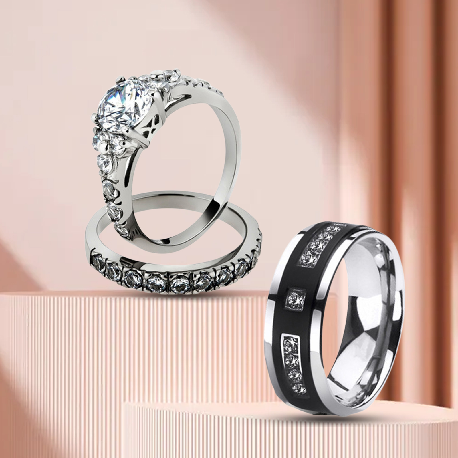 Jiaroswwei 1Pc/2Pcs Exquisite Smooth Surface Wedding Bands Alloy Simple Cubic Zirconia Hers His Rings Charm Jewelry